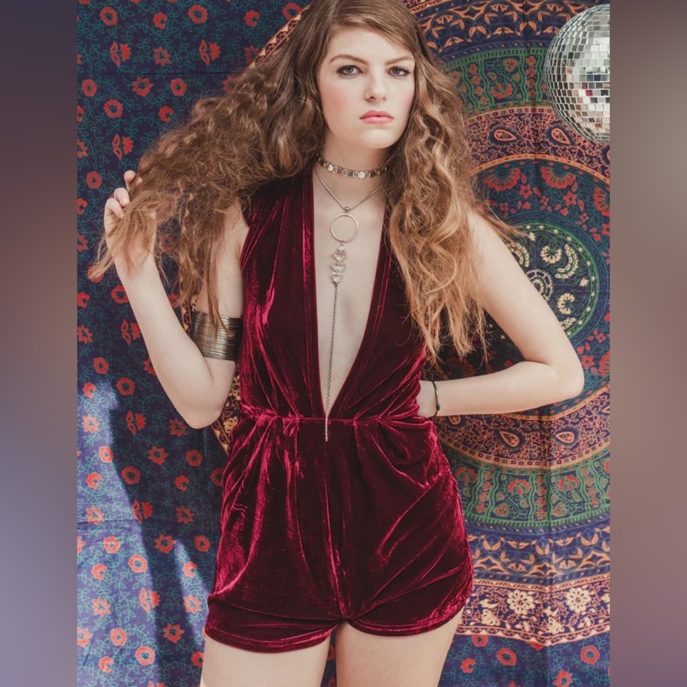 Tobi Burgundy Velvet Low-V Romper- Urban Outfitters Free People xs